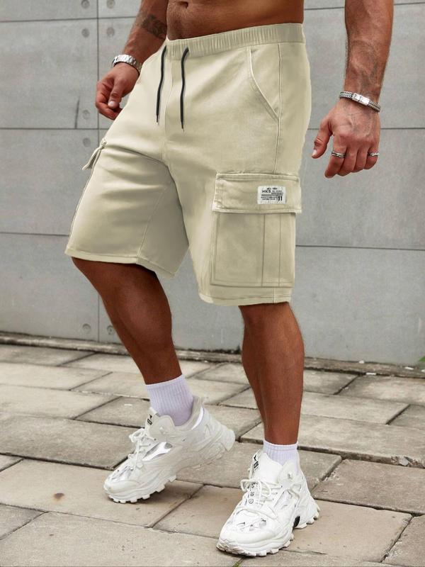 Men's Regular Fit Plain Patched Drawstring Waist Cargo Shorts, Casual Pocket Design Shorts for Summer, Fashion Men's Bottoms for Daily Wear