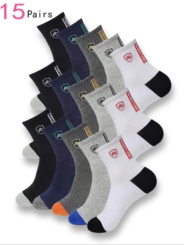 Men's  Letter Patchwork Graphic Crew Socks, Casual Moisture Wicking Socks, Soft Comfy Breathable Socks for All Seasons Daily Wear