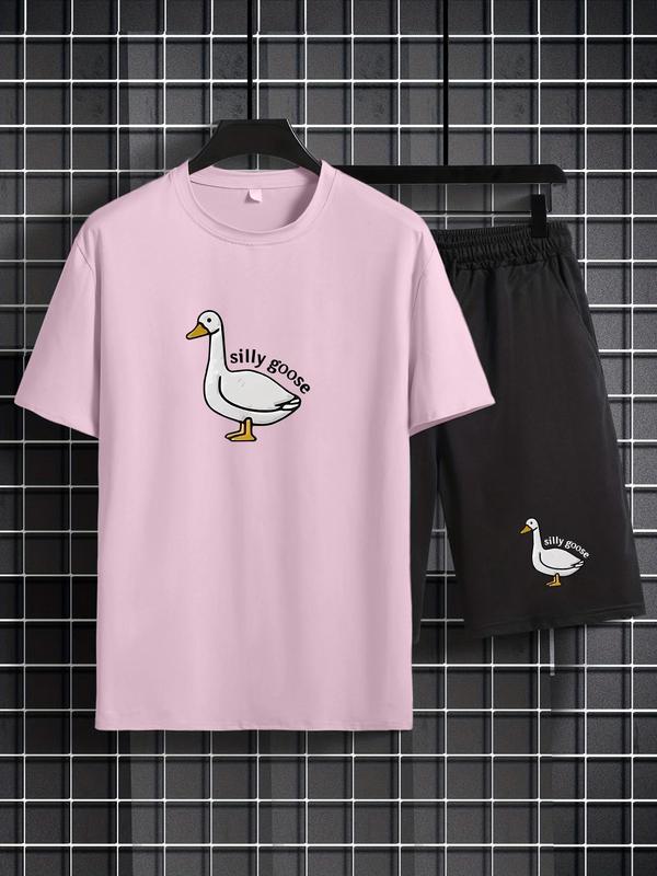 2 Counts Men's Cartoon Duck Letter Print Graphic Tee & Drawstring Waist Shorts Lounge Set, Regular Fit Trendy Round Neck Short Sleeve T-shirt & Pocket Shorts, Men 2 Piece Short Sets, Men's Streetwear Co-ord Set, Summer Outfits 2024