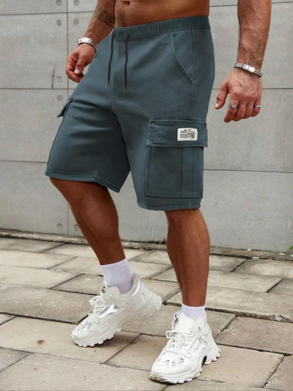 Men's Regular Fit Plain Patched Drawstring Waist Cargo Shorts, Casual Pocket Design Shorts for Summer, Fashion Men's Bottoms for Daily Wear