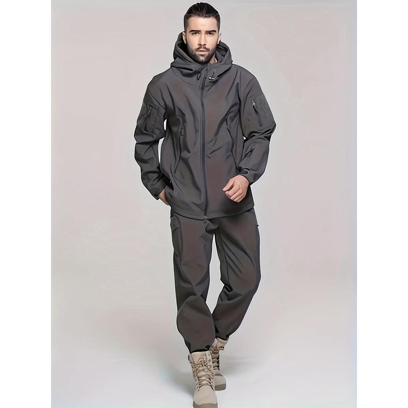 Men's outdoor two-piece suit, soft shell hooded windproof jacket, waterproof and comfortable outdoor sweatpants.