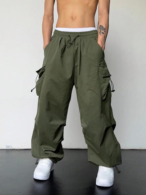 Men's Solid Flap Pocket Drawstring Waist Cargo Pants, Street Fashion Casual Loose Trousers for Daily Wear, Men's Bottoms for All Seasons, 2000s Pants, Mens Pants, Vintage Clothing