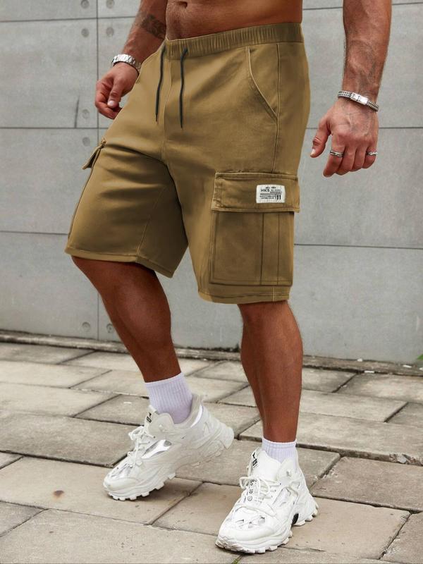 Men's Regular Fit Plain Patched Drawstring Waist Cargo Shorts, Casual Pocket Design Shorts for Summer, Fashion Men's Bottoms for Daily Wear