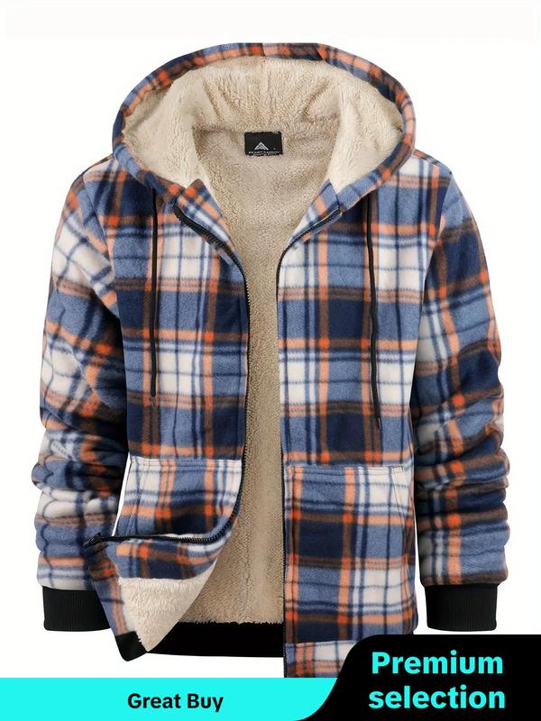 Men's Plaid Print Zip Up Drawstring Hooded Winter Jacket, Men's Designer Clothes, Winter Outfits 2024, Regular Fit Casual Thermal Lined Long Sleeve Pocket Outerwear for Fall & Winter, Men's Clothes for Daily Wear