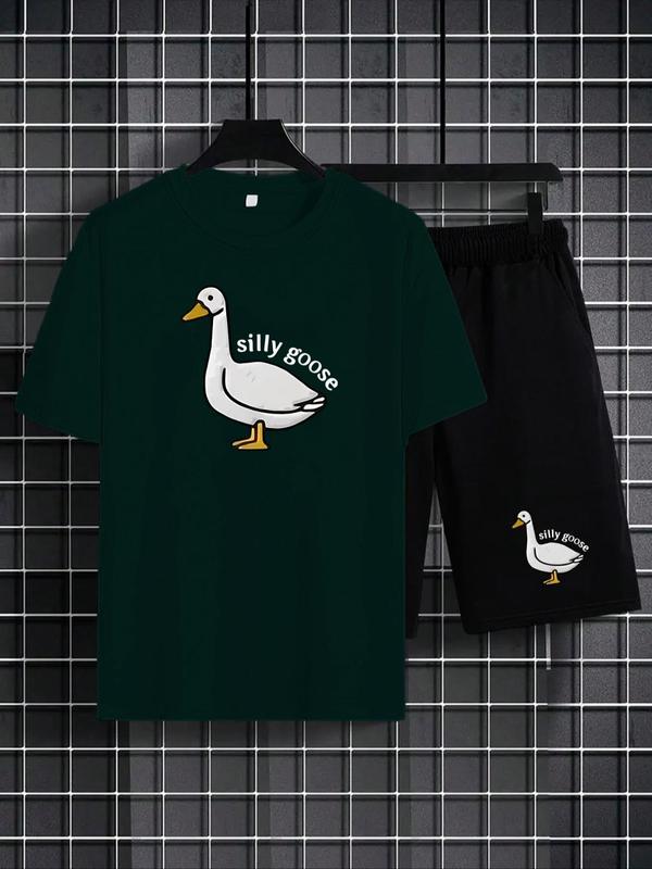 2 Counts Men's Cartoon Duck Letter Print Graphic Tee & Drawstring Waist Shorts Lounge Set, Regular Fit Trendy Round Neck Short Sleeve T-shirt & Pocket Shorts, Men 2 Piece Short Sets, Men's Streetwear Co-ord Set, Summer Outfits 2024