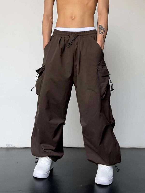 Men's Solid Flap Pocket Drawstring Waist Cargo Pants, Street Fashion Casual Loose Trousers for Daily Wear, Men's Bottoms for All Seasons, 2000s Pants, Mens Pants, Vintage Clothing