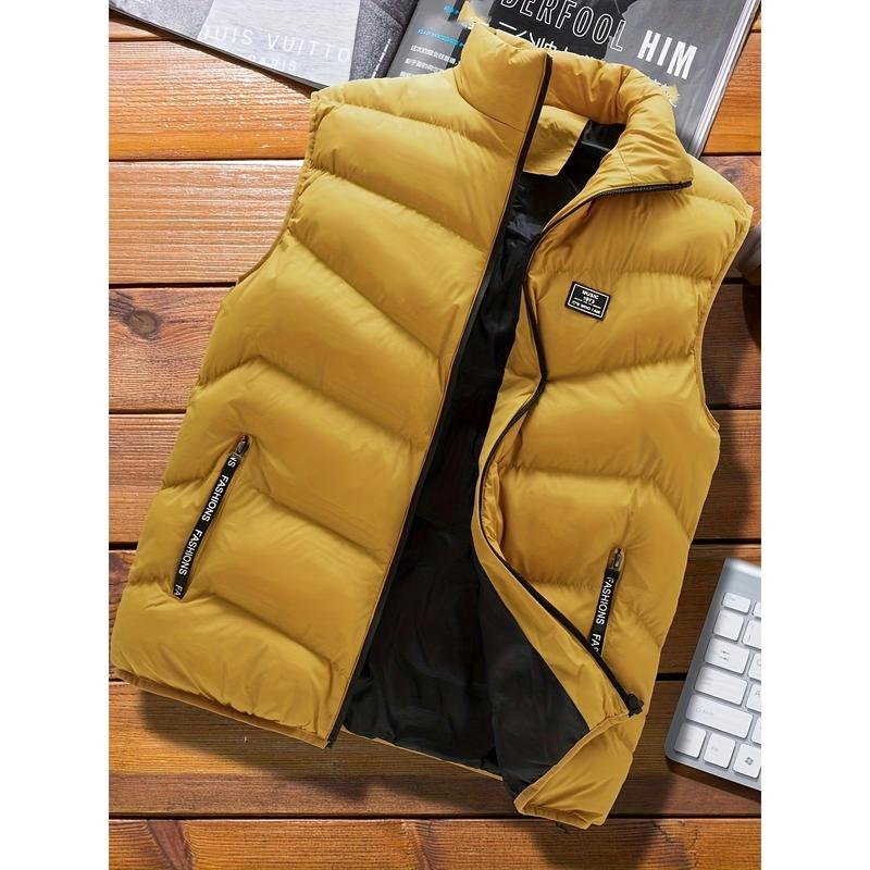 Stylish Men's Warm Polyester Vest - Casual Fall Winter Essential with Stand Collar, Zip Pockets