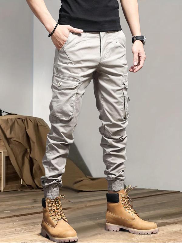 Men's Simple Solid Drawstring Cargo Pants, Summer Outfits, Sweatpants for Men, Loose Plain Casual Stylish Pocket Elastic Waist Trousers for Outdoor Wear, Men's Streetwear Bottoms for All Seasons, Menswear