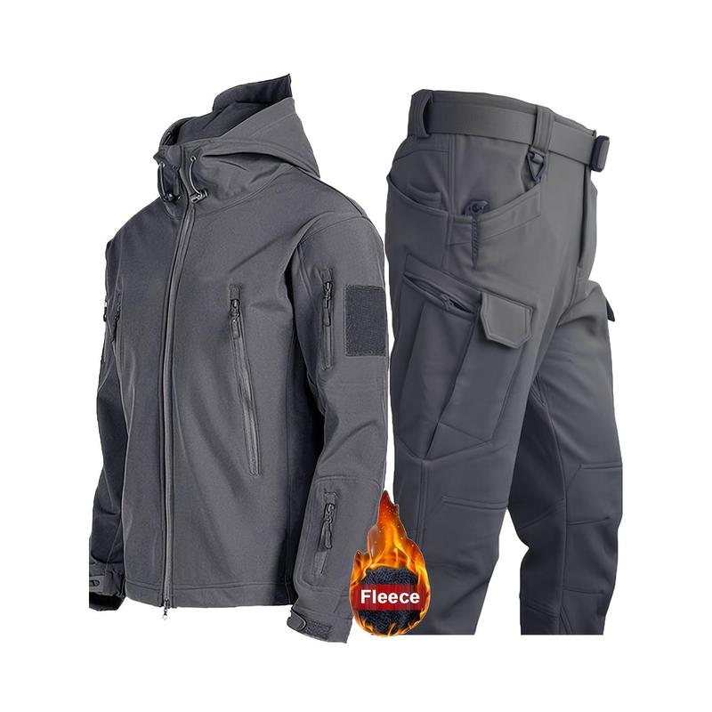 Men'S Shark Skin X7 Outdoor Set, 2pcs Polyester Jacket and Pants, Fleece Lined, Waterproof, Hooded, Multi-Pocket, Casual Sports Training Gear, Regular Fit, for Hiking, Camping, Fishing, Hunting, Climbing, Running, Daily Use