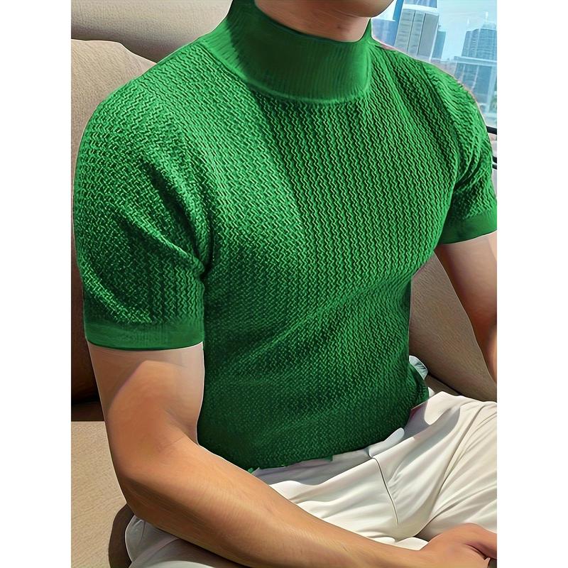 Mens Slim Fit High Neck Solid Color Short Sleeve Knit T-Shirt - Breathable Slight Stretch Fabric, Pullover Design, European-Inspired Casual Style - Perfect for Summer Daily Wear Knitwear Menswear Knitwear Menswear