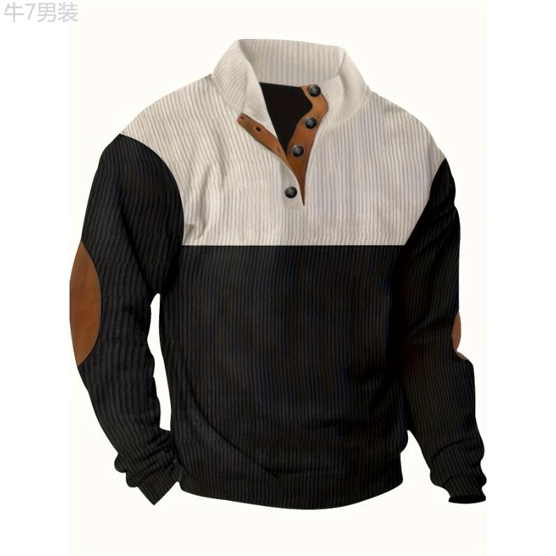 Long Sleeve Men's Henley Shirt with Contrast Color, Patchwork Pieces, and Stand Collar for Chic and Trendy Spring and Autumn Outdoors Leisurewear Casual Fabric Menswear Stretch