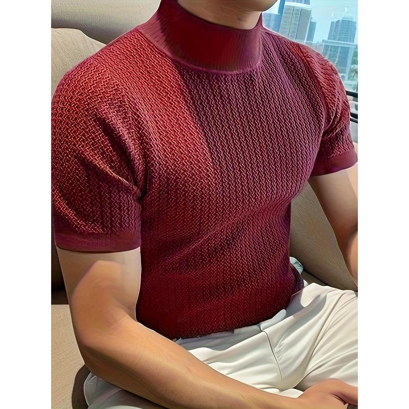 Mens Slim Fit High Neck Solid Color Short Sleeve Knit T-Shirt - Breathable Slight Stretch Fabric, Pullover Design, European-Inspired Casual Style - Perfect for Summer Daily Wear Knitwear Menswear Knitwear Menswear