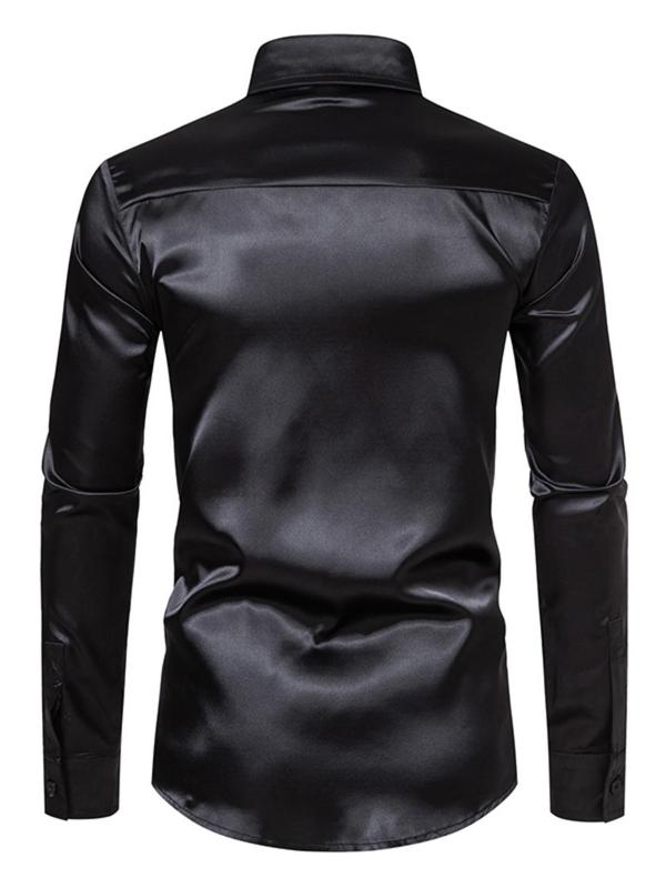 Men's Solid Button Front Satin Shirt, Regular Fit Long Sleeve Collared Top for Daily Wear, Casual Comfy Men's Clothes for All Seasons