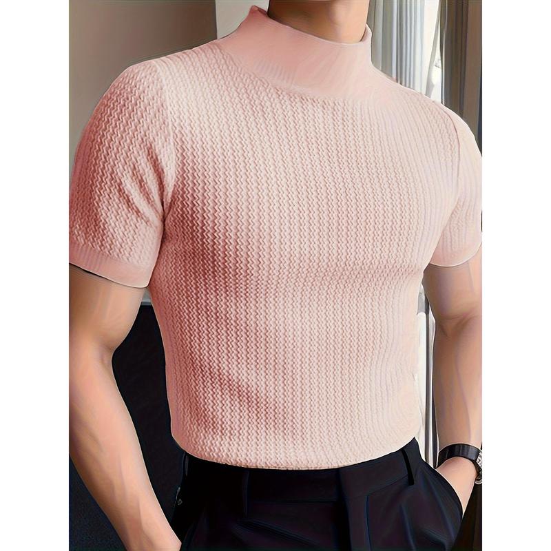 Mens Slim Fit High Neck Solid Color Short Sleeve Knit T-Shirt - Breathable Slight Stretch Fabric, Pullover Design, European-Inspired Casual Style - Perfect for Summer Daily Wear Knitwear Menswear Knitwear Menswear