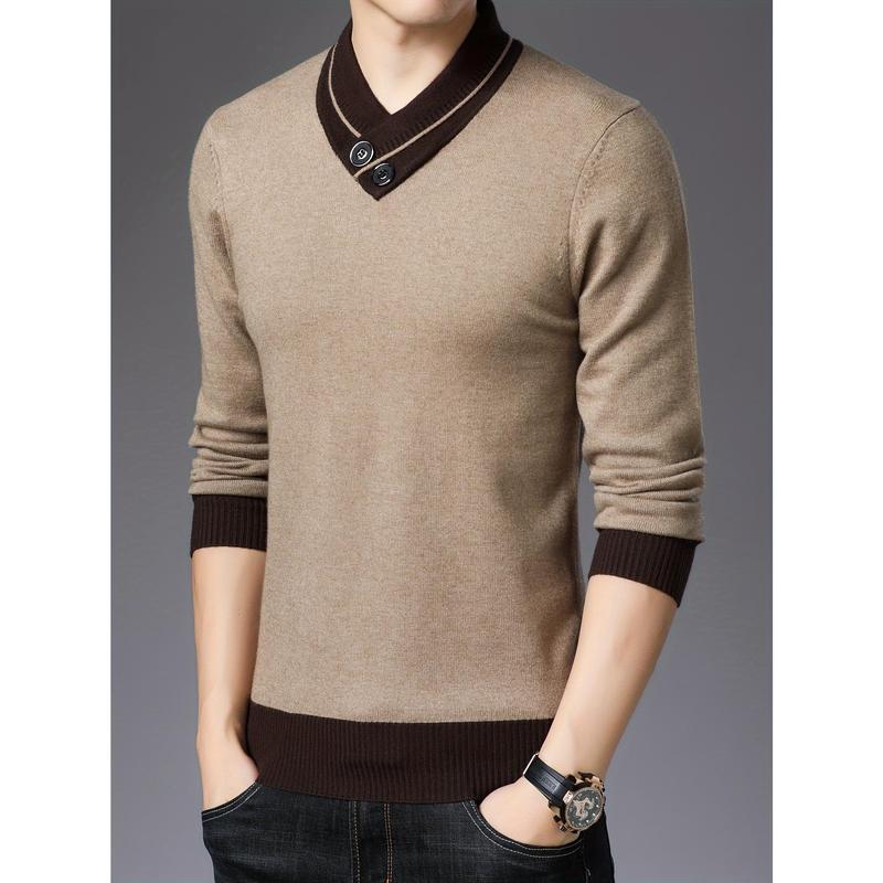 All Match Knitted Slim Sweater, Men's Casual Warm Slightly Stretch Shawl Collar Pullover Sweater For Men Fall Winter Fabric Knitwear