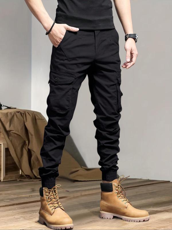 Men's Simple Solid Drawstring Cargo Pants, Summer Outfits, Sweatpants for Men, Loose Plain Casual Stylish Pocket Elastic Waist Trousers for Outdoor Wear, Men's Streetwear Bottoms for All Seasons, Menswear