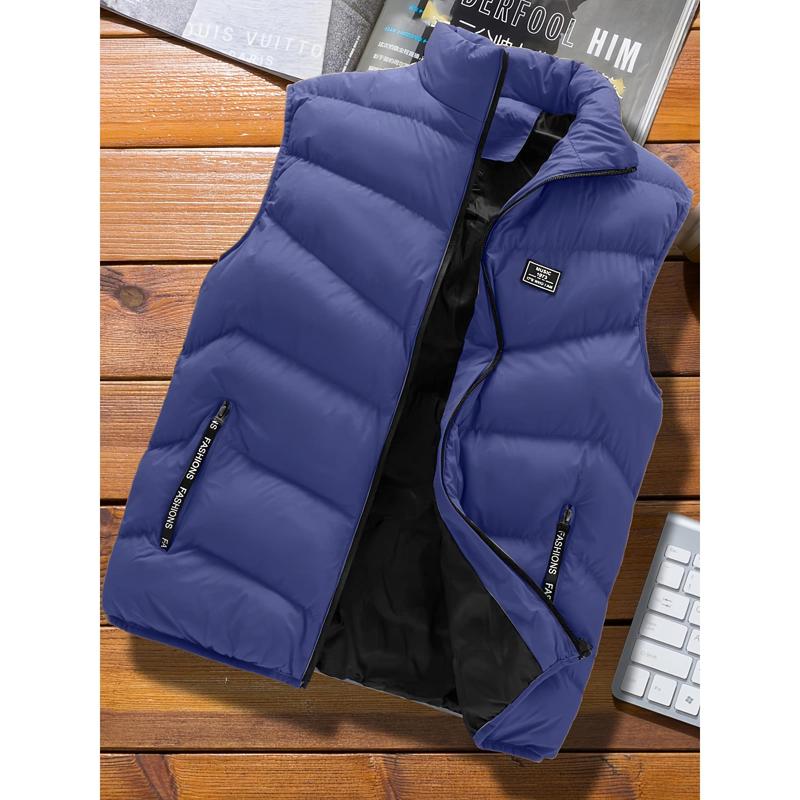 Stylish Men's Warm Polyester Vest - Casual Fall Winter Essential with Stand Collar, Zip Pockets