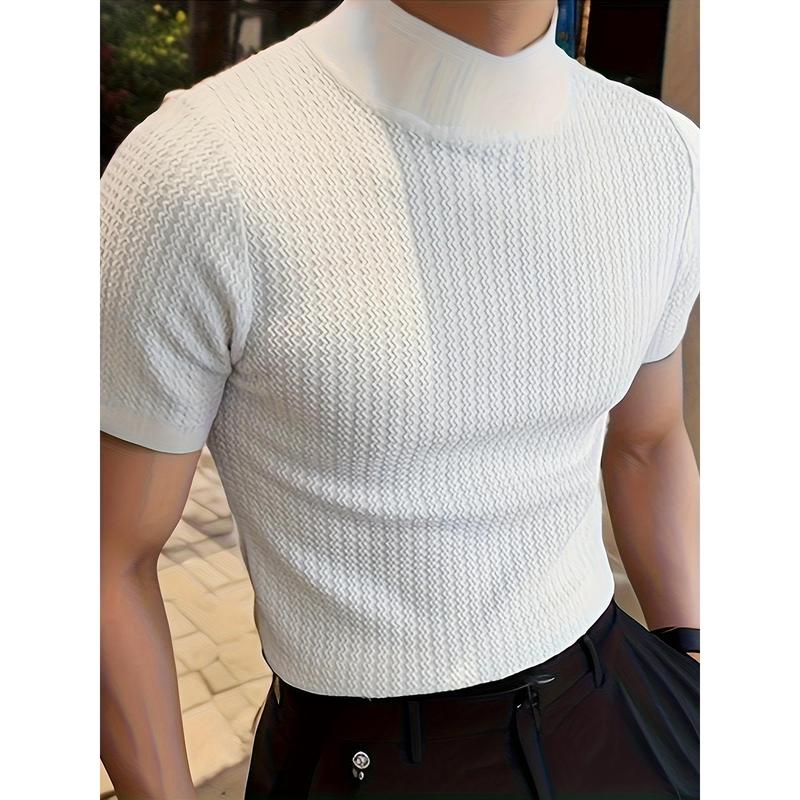 Mens Slim Fit High Neck Solid Color Short Sleeve Knit T-Shirt - Breathable Slight Stretch Fabric, Pullover Design, European-Inspired Casual Style - Perfect for Summer Daily Wear Knitwear Menswear Knitwear Menswear