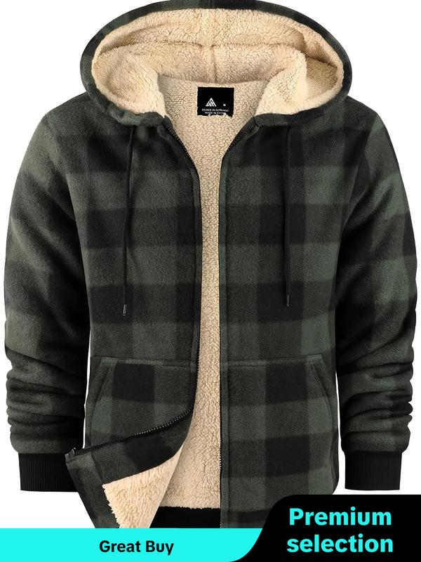 Men's Plaid Print Zip Up Drawstring Hooded Winter Jacket, Men's Designer Clothes, Winter Outfits 2024, Regular Fit Casual Thermal Lined Long Sleeve Pocket Outerwear for Fall & Winter, Men's Clothes for Daily Wear