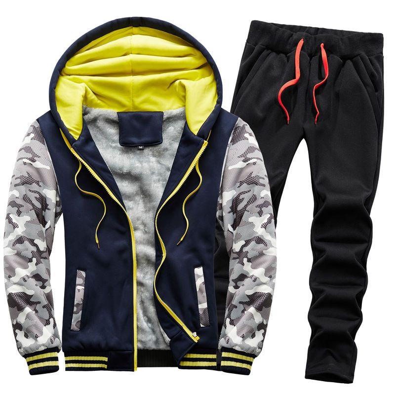 Season Men's Casual Sportswear Couple Fleece-Lined Thick Sweater Set Men's Youth Student Outdoor Running Suit