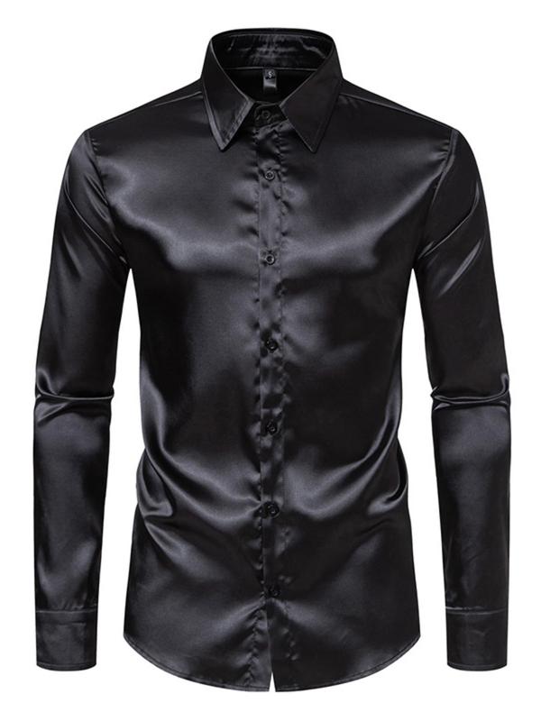 Men's Solid Button Front Satin Shirt, Regular Fit Long Sleeve Collared Top for Daily Wear, Casual Comfy Men's Clothes for All Seasons