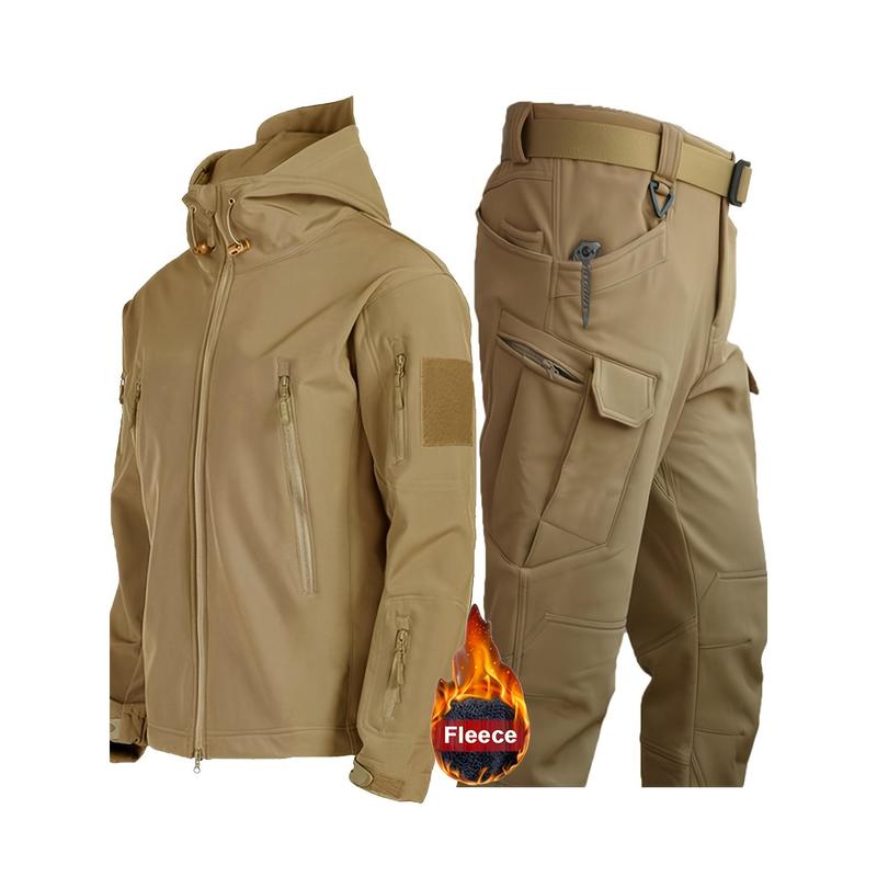 Men'S Shark Skin X7 Outdoor Set, 2pcs Polyester Jacket and Pants, Fleece Lined, Waterproof, Hooded, Multi-Pocket, Casual Sports Training Gear, Regular Fit, for Hiking, Camping, Fishing, Hunting, Climbing, Running, Daily Use