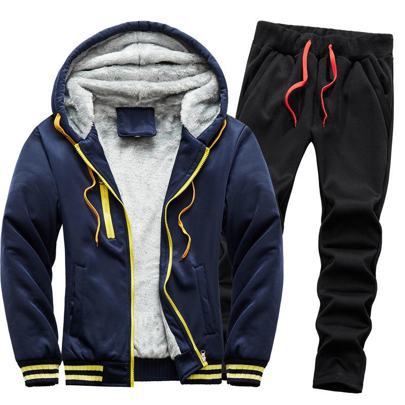 Season Men's Casual Sportswear Couple Fleece-Lined Thick Sweater Set Men's Youth Student Outdoor Running Suit