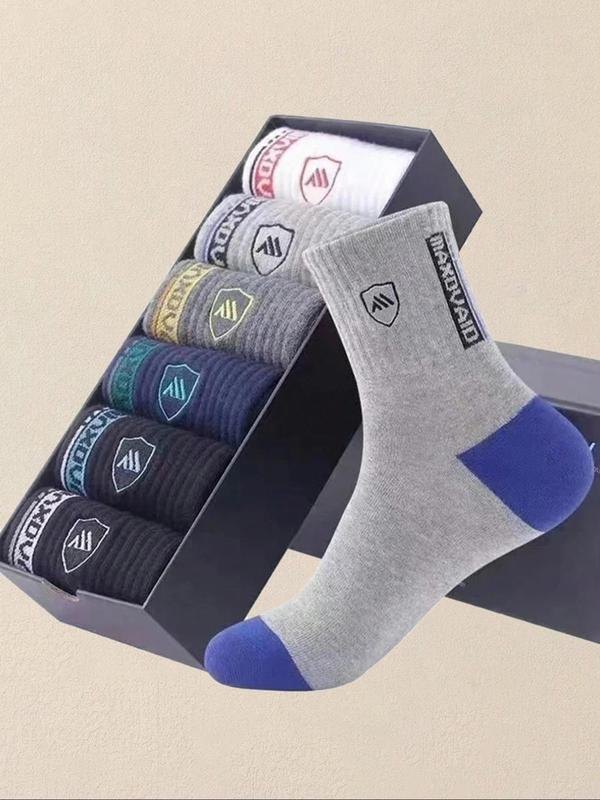 Men's  Letter Patchwork Graphic Crew Socks, Casual Moisture Wicking Socks, Soft Comfy Breathable Socks for All Seasons Daily Wear