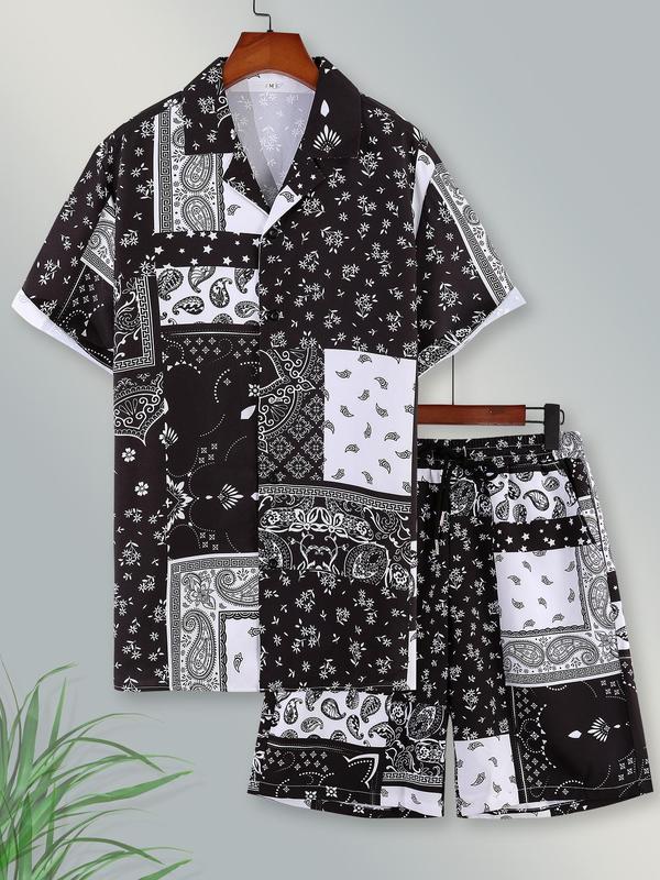 Two-Piece Set Men's Paisley Print Button Front Shirt & Drawstring Waist Shorts Set, Back To School Regular Fit Casual Short Sleeve Lapel Neck Top & Shorts, Beach Outfits, Summer Outfits 2024