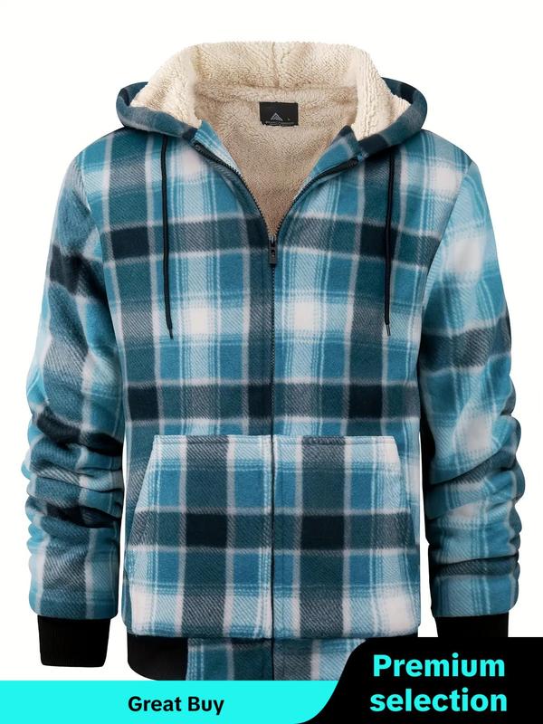 Men's Plaid Print Zip Up Drawstring Hooded Winter Jacket, Men's Designer Clothes, Winter Outfits 2024, Regular Fit Casual Thermal Lined Long Sleeve Pocket Outerwear for Fall & Winter, Men's Clothes for Daily Wear