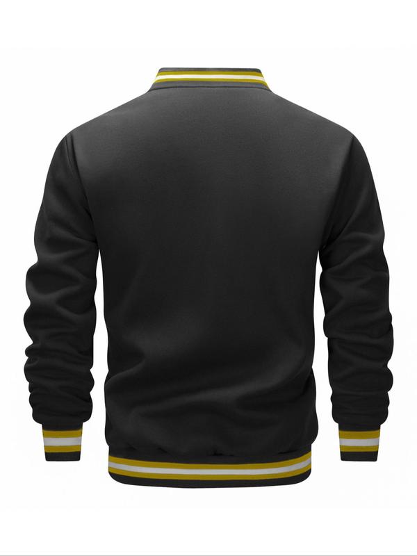 Men's Letter Embroidery Button Front Varsity Jacket, Regular Fit Casual Long Sleeve Pocket Baseball Collar Outerwear for Fall & Winter, Men's Clothes for Daily Wear