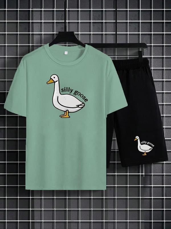 2 Counts Men's Cartoon Duck Letter Print Graphic Tee & Drawstring Waist Shorts Lounge Set, Regular Fit Trendy Round Neck Short Sleeve T-shirt & Pocket Shorts, Men 2 Piece Short Sets, Men's Streetwear Co-ord Set, Summer Outfits 2024