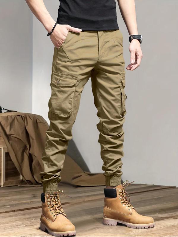 Men's Simple Solid Drawstring Cargo Pants, Summer Outfits, Sweatpants for Men, Loose Plain Casual Stylish Pocket Elastic Waist Trousers for Outdoor Wear, Men's Streetwear Bottoms for All Seasons, Menswear