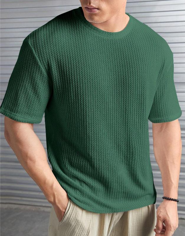 Men Casual Solid Letter Patched Waffle Knit Tee Fabric Menswear Stylish Tops