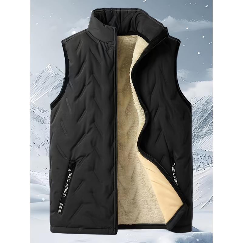 Men's Warm Fleece-Lined Vest - Casual Stand Collar, Zip-Up Sleeveless Jacket with Pockets for Fall Winter