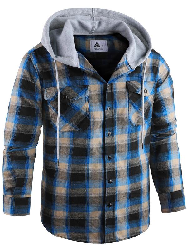 Men's Colorblock Plaid Print Button Front Hooded Jacket, Regular Fit Casual Drawstring Pocket Long Sleeve Outerwear for Spring & Fall, Men's Clothes for Daily Wear