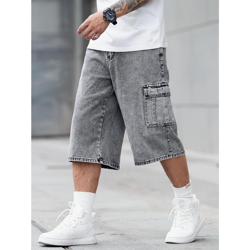 New-Summer Fashion Denim Shorts - Men's Loose Fit Casual Jeans with Flap Pockets, Versatile Jorts for Outdoor Activities - Perfect for Hot Weather Cotton Menswear Viscose Wide Leg