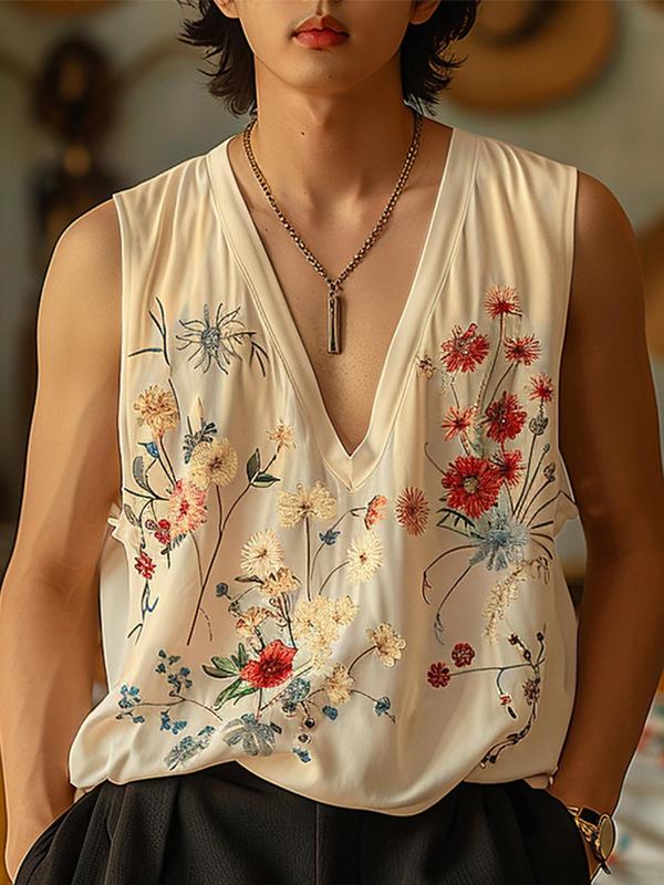 Men's Ditsy Floral Print V Neck Tank Top, Loose Casual Sleeveless Top for Summer, Fashion Men's Clothes for Daily Wear