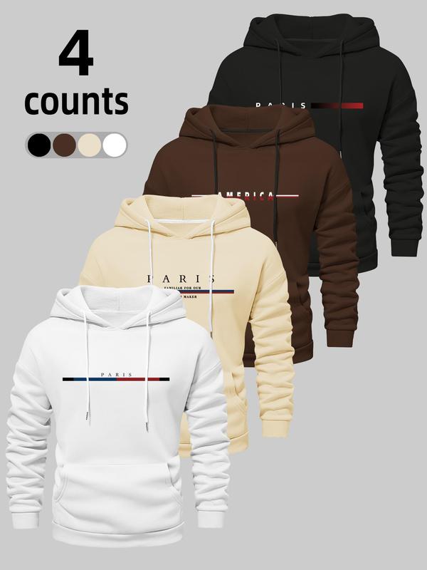 Men's Letter Print Drop Shoulder Hoodie, Fashion Casual Drawstring Pocket Hooded Sweatshirt for Daily Holiday Outdoor Wear, Men Clothes for Fall & Winter