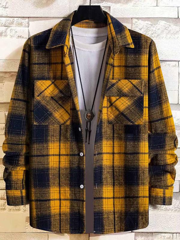 Men's Plaid Print Button Front Shirt Jacket, Regular Fit Casual Long Sleeve Collared Outerwear for Winter, Men's Clothes for Daily Wear