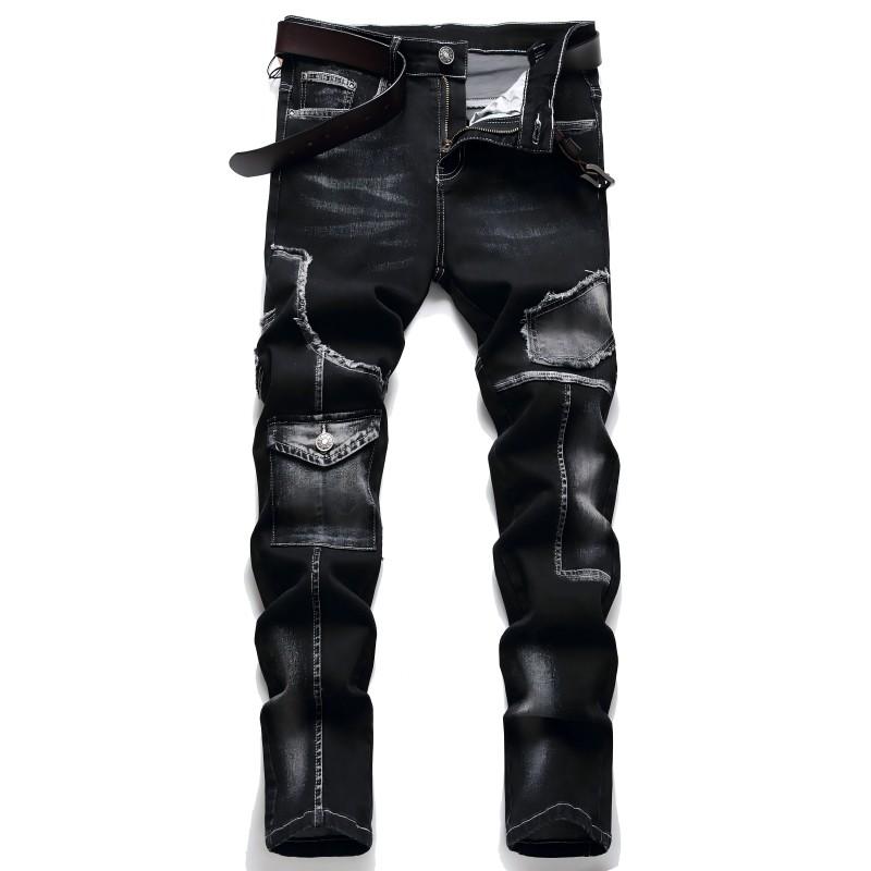 Men's Biker Slim Fit Straight Leg Elastic Washed Motorcycle Designer Jeans Menswear Denim Streetwear Moto Fashion Retro Vintage Black Pants Trouser