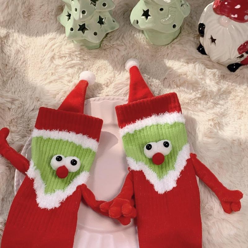 Christmas gift Santa socks 2 Pairs Holding Hand Novelty Socks, Magnetic Doll Unisex Funny Couple Socks, Graduation 3D Cute Socks