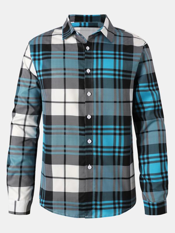 Men's Plaid Print Button Front Shirt, Regular Fit Casual Long Sleeve Collared Top for Spring & Fall, Men's Clothes for Daily Wear