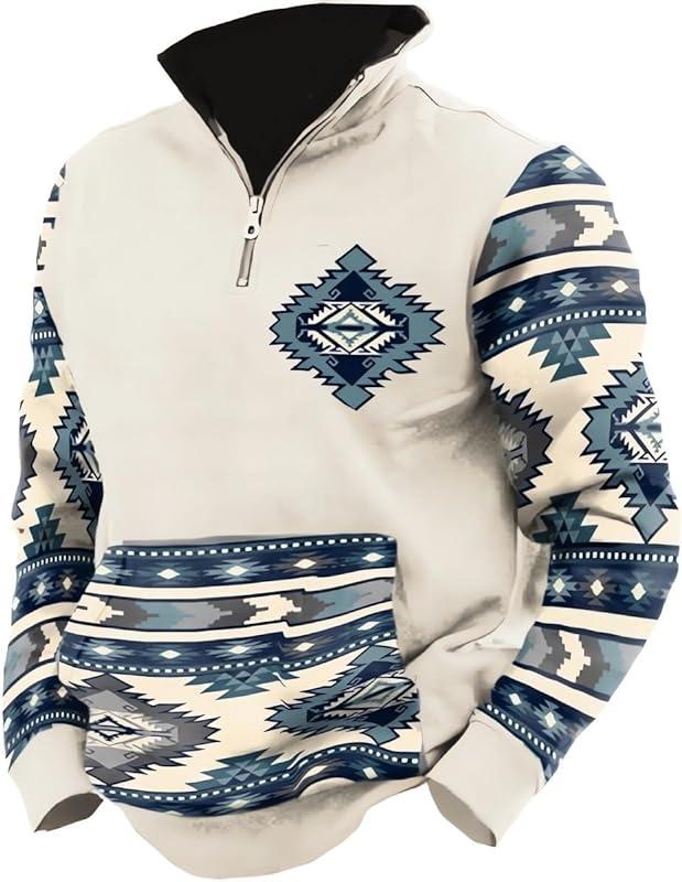 Aztec Cowboy Mens Hoodie Vintage Graphic Western Hoodies for Men Casual Long Sleeve Half Zip Pullover with Pocket Menswear Stylish