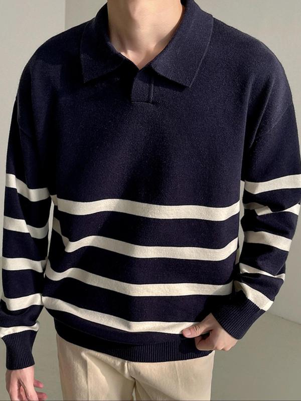 Men's Striped Print Polo Shirt, Loose Casual Long Sleeve Collared Shirt for Fall & Winter, Men's Knitwear for Daily Wear