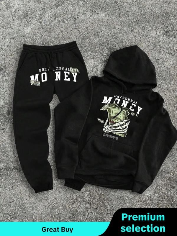 Men's Cartoon Skeleton Hand & Money Print Sweatshirt & Drawstring Waist Sweatpants Two-piece Set, Loose Casual Fashion Cozy Breathable Two Piece Outfits for Daily Workout Running, Men's Clothes for Fall & Winter, Men's Sweatsuit Set