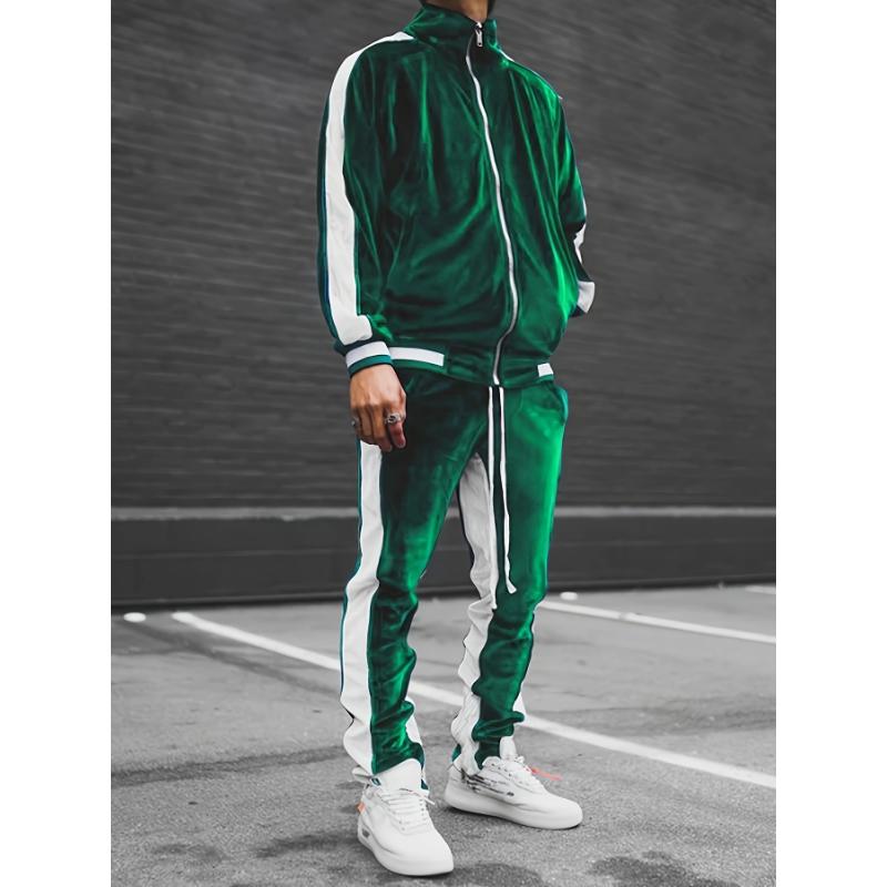 Classic Velvet Men's Athletic 2Pcs Tracksuit Set Casual Full-Zip Sweatsuits Long Sleeve Jacket And Jogging Pants Set For Gym Workout Running