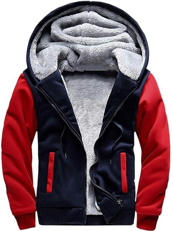 Men's Solid Color Plush Lined Zip Up Sports Hoodie, Casual Regular Fit Long Sleeve Pocket Hooded Sports Winter Jacket for Fall & Winter, Warm Sports Coats, Men's Sportswear for Indoor Outdoor Wear, Winter Coats