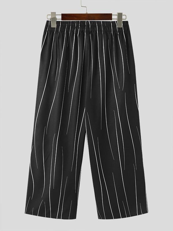 Men's Striped Print Pocket Pants, Loose Casual Comfy Elastic Waist Trousers for Daily Outdoor Wear, Bottoms for Summer