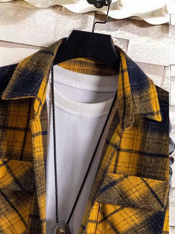 Men's Plaid Print Button Front Shirt Jacket, Regular Fit Casual Long Sleeve Collared Outerwear for Winter, Men's Clothes for Daily Wear